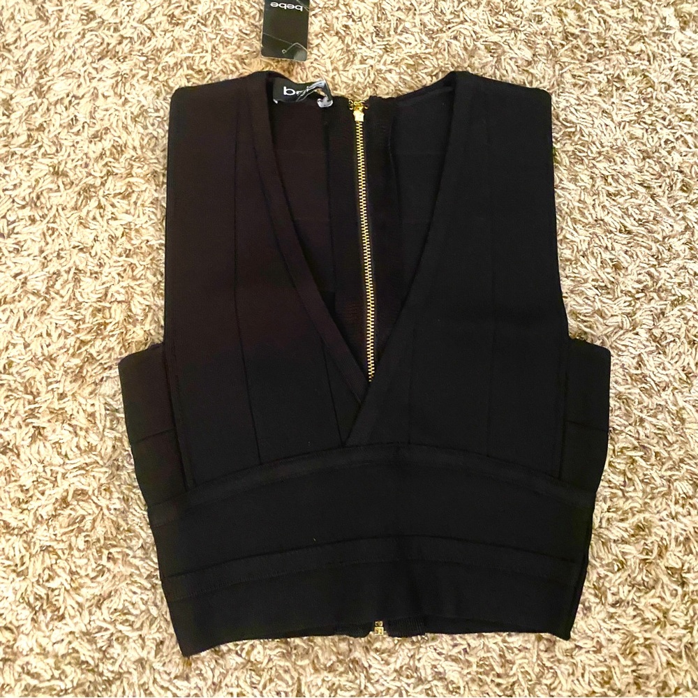 NWT BeBe Black Bandage Crop Top Gold Zipper XS